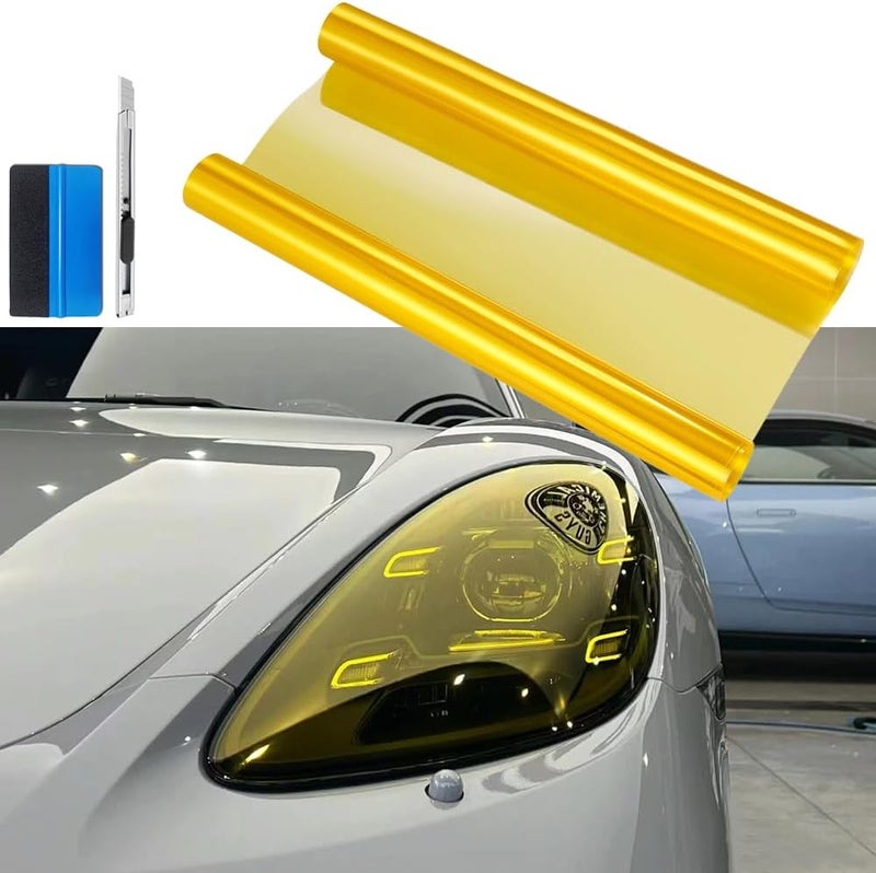 fangfei 12 by 48 inches Self Adhesive Auto Car Tint Headlight Taillight Fog Light Vinyl Smoke Film Sheet Sticker Cover (Yellow) - Image 1
